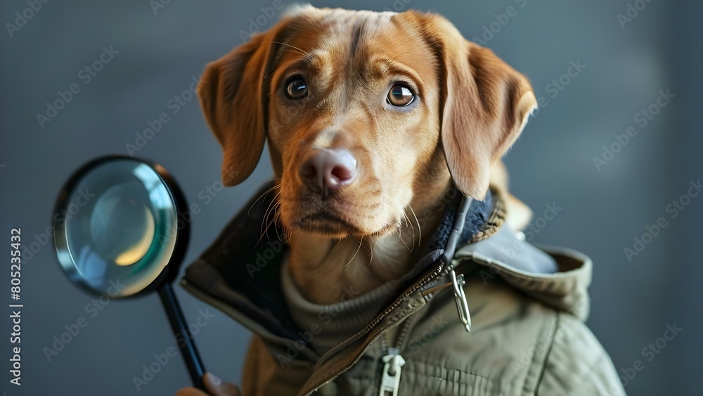 Dog detective uses magnifying glass to investigate with enhanced human abilities. Concept Spy canine uncovers mysteries with heightened senses, magnifying glass, and detective skills
