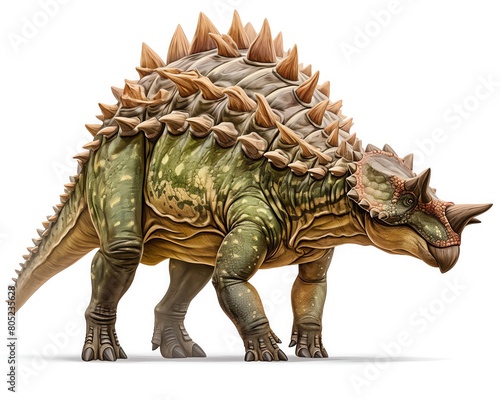 Enigmatic Ankylosaurus, armored with bony plates and a mighty club tail, vivid colors captured in high detail, isolated on white background © Pakorn