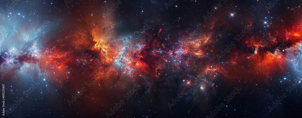 A breathtaking wide-angle view of a vibrant, colorful galactic center in outer space showcasing astronomical wonders.