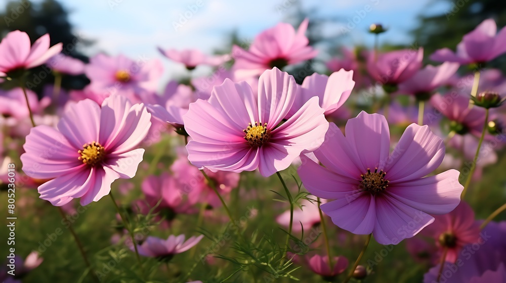 A cluster of vibrant pink cosmos flowers in full bloom, their delicate petals dancing in the breeze.