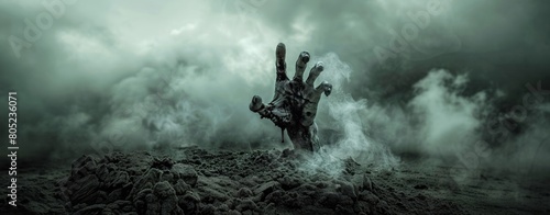 A spooky scene of a zombie hand rising from mist-covered ground  evoking horror and mystery.