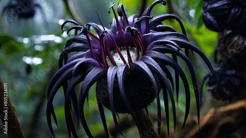 Closeup of a flowering Tacca, or bat flower, known for its unusual black flowers, in the depths of the jungle photo
