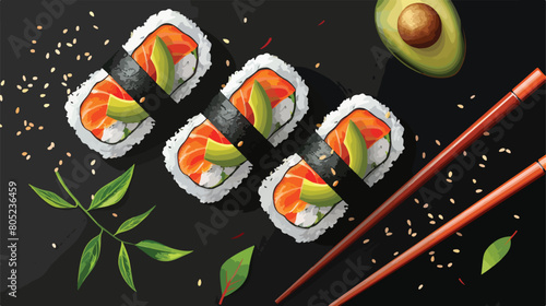 Tasty sushi rolls avocado and chopsticks on black background