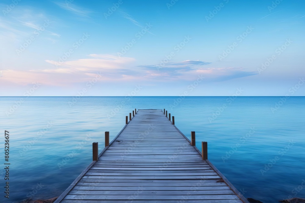 A serene coastal scene with a single wooden pier extending into a calm ocean at dawn, space for text
