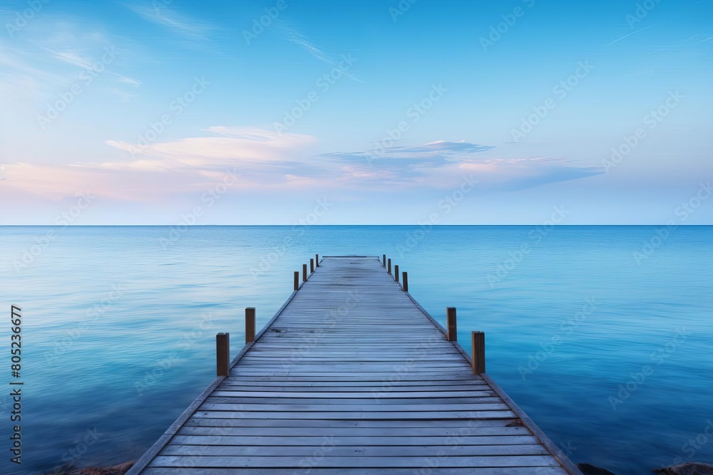 A serene coastal scene with a single wooden pier extending into a calm ocean at dawn, space for text A serene coastal scene with a single wooden pier extending into a calm ocean at dawn, space for text