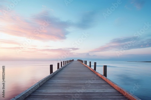 A serene coastal scene with a single wooden pier extending into a calm ocean at dawn  space for text