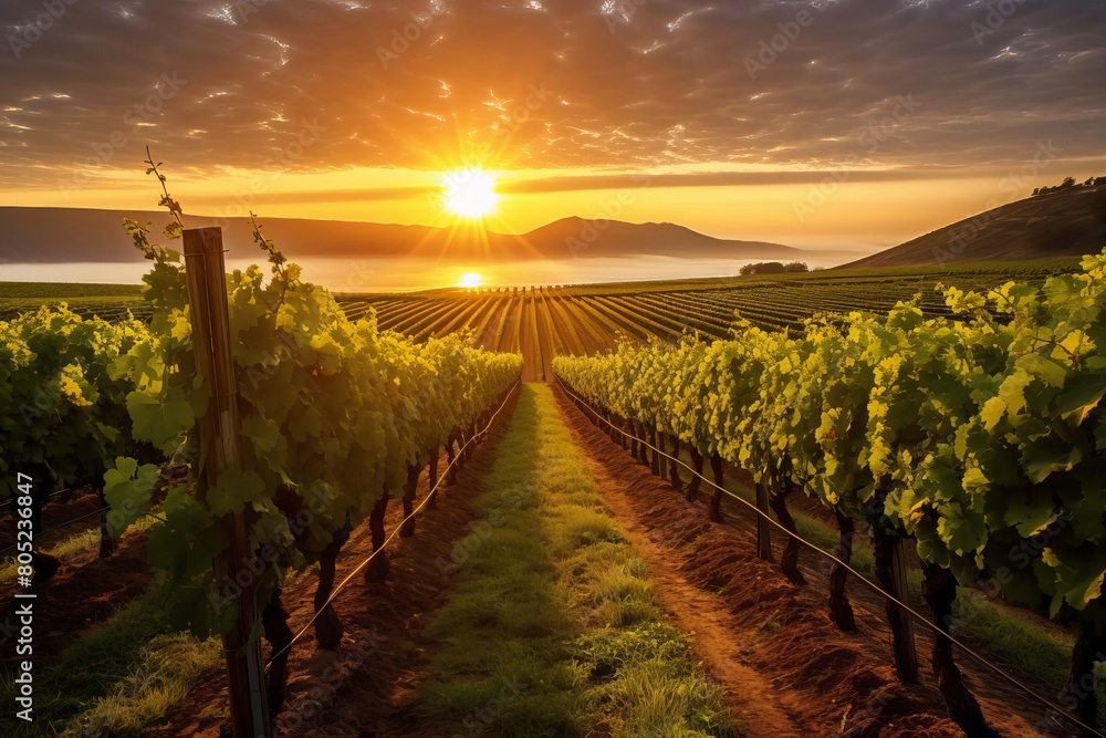 Fototapeta premium A scenic vineyard landscape at sunrise, with rows of grapevines stretching into the distance