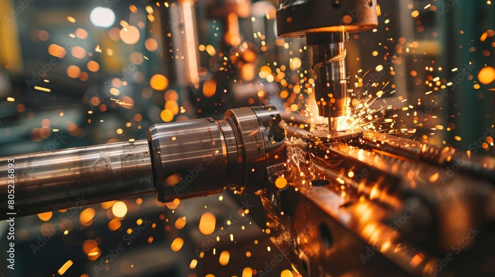 A closeup shot of an advanced CNC machine creating metal parts, showcasing the precision and speed of industrial machinery production. A closeup shot of an advanced CNC machine creating metal parts, showcasing the precision and speed of industrial machinery production.