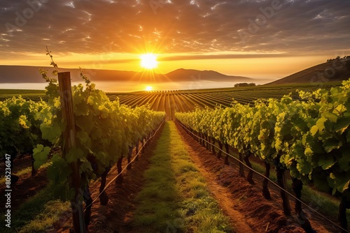 A scenic vineyard landscape at sunrise  with rows of grapevines stretching into the distance