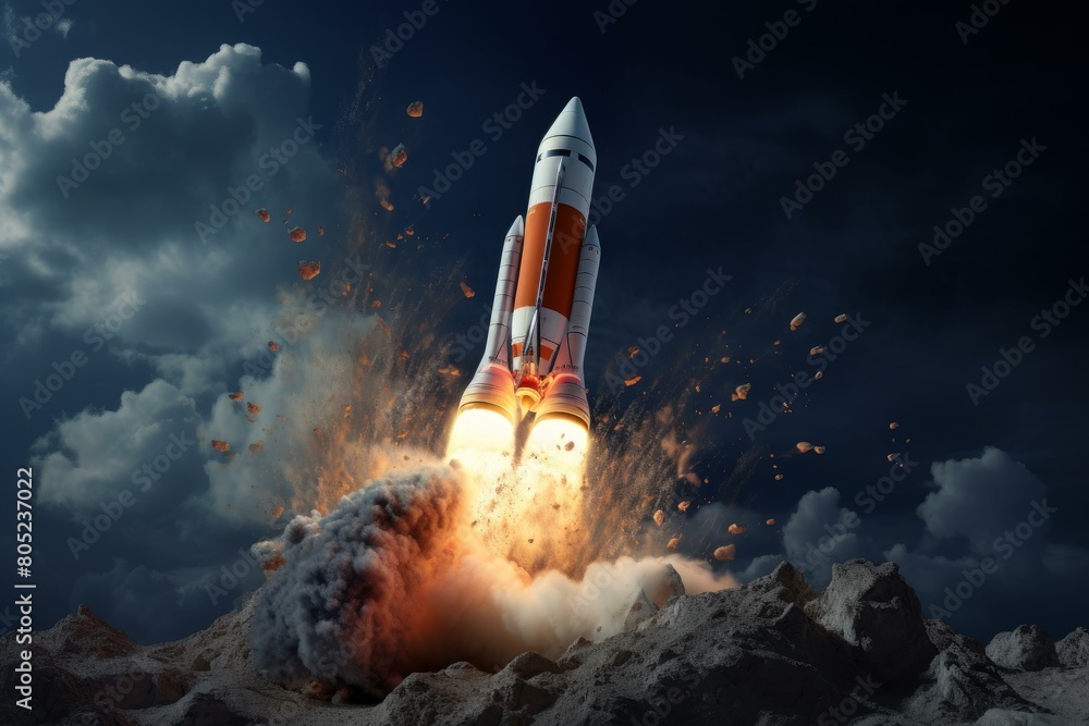 Ascending Rocket taking off moon. Galaxy mission of future ship. Generate Ai
