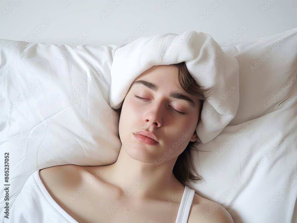 A person lying in bed with a cold compress on their forehead, symbolizing fever reduction and selfcare at home A person lying in bed with a cold compress on their forehead, symbolizing fever reduction and selfcare at home