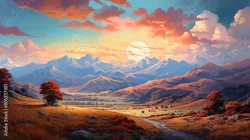 A panoramic view of a mountain range at sunset, with vibrant colors and clear skies photo