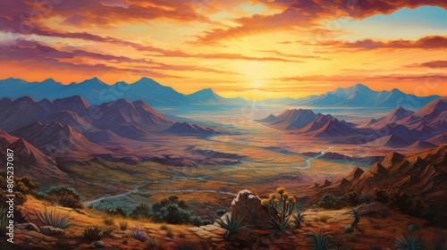A panoramic view of a mountain range at sunset, with vibrant colors and clear skies