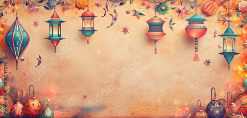 An artistic depiction of joyful Bakra Eid Mubarak celebrations with intricate patterns and Islamic motifs. 