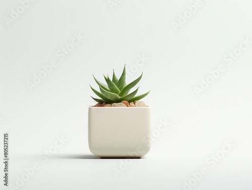A minimalist shot of a single succulent plant in a geometric pot, against a clean, white background