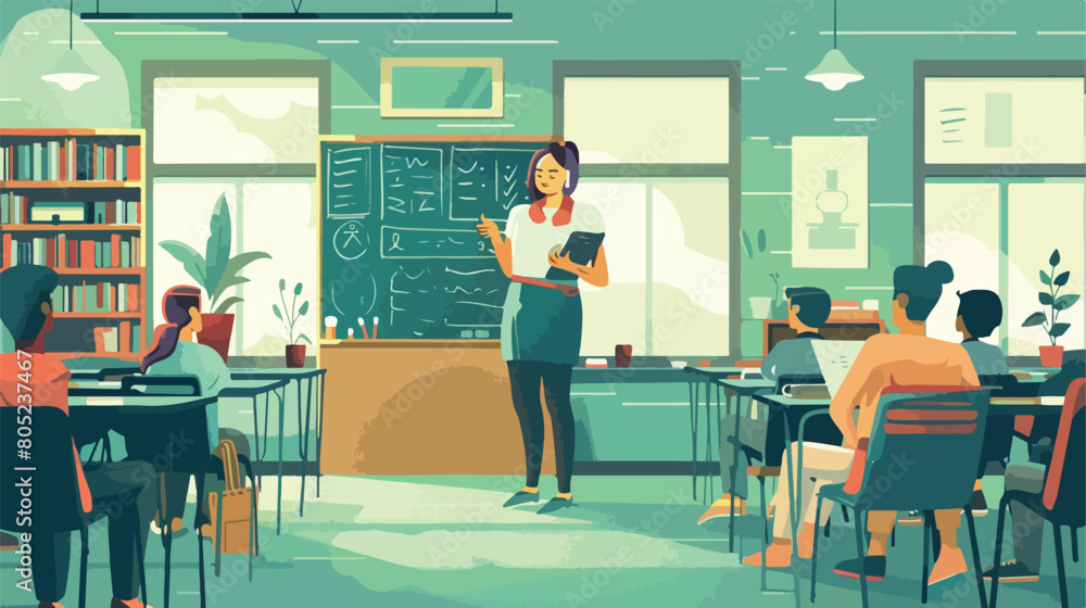 Teacher conducting lesson in classroom style vector