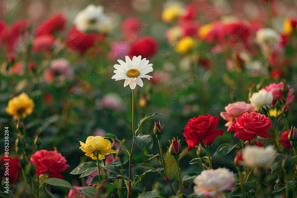 Lone daisy in a field of roses, capturing the beauty of standing out and leading differently  