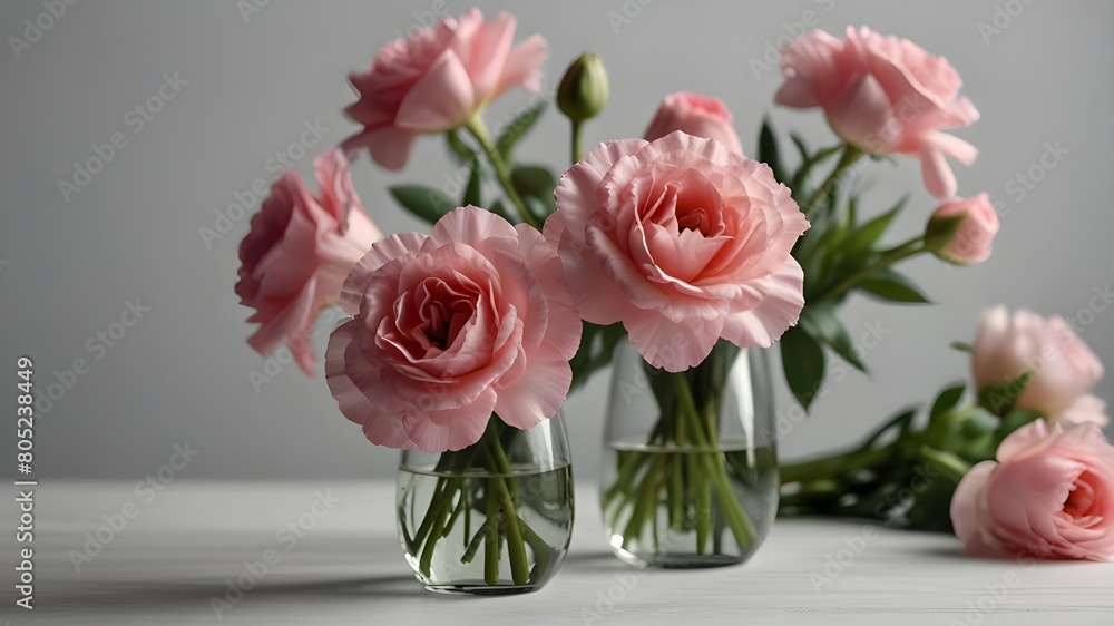 Vase with beautiful pink eustoma flowers on white table Generative AI