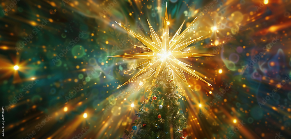 Fototapeta premium Star of Bethlehem on top of a Christmas tree on a black background. Christmas holidays