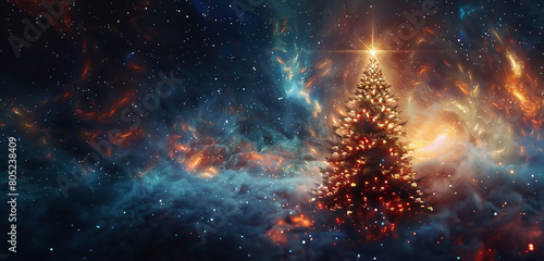 Abstraction, Star of Bethlehem with Christmas tree in space. Christmas holidays