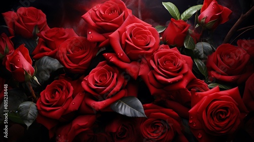 A cluster of vibrant red roses in full bloom  their velvety petals exuding romance and passion.