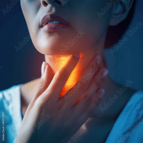 Throat pain. Young woman touching painful neck  touching painful neck, sore throat for flu, cold and infection. © suthiwan