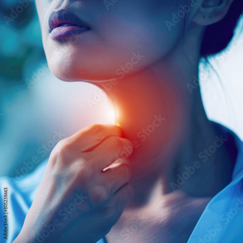 Throat pain. Young woman touching painful neck  touching painful neck, sore throat for flu, cold and infection. © suthiwan
