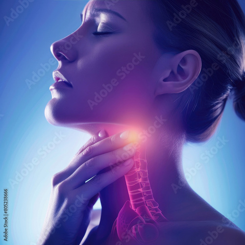 Throat pain. Young woman touching painful neck  touching painful neck, sore throat for flu, cold and infection.