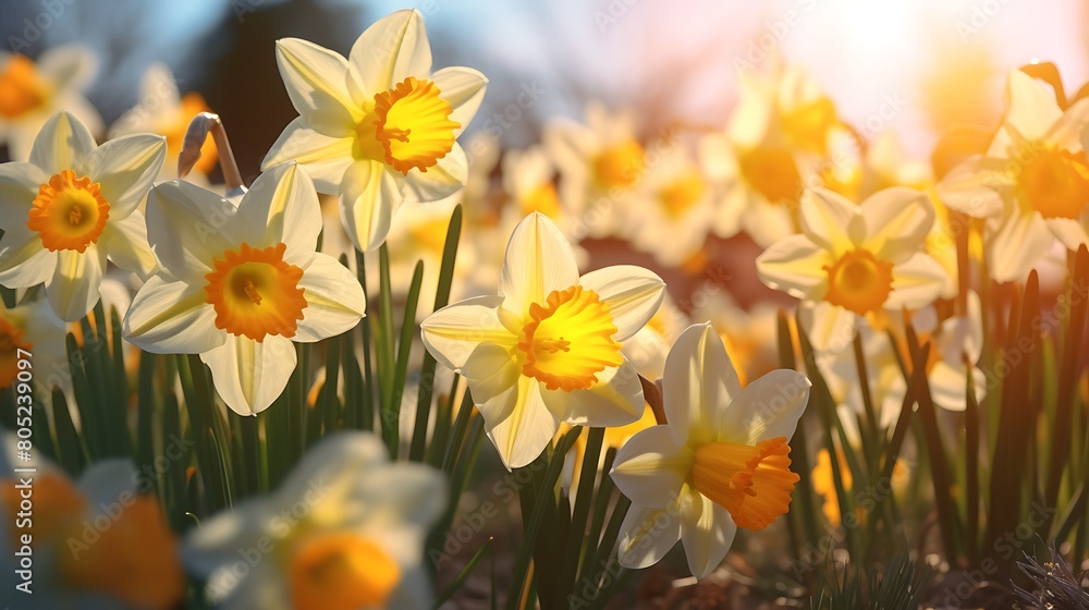 A cluster of yellow daffodils blooming in a spring garden, heralding the arrival of warmer weather and new beginnings.