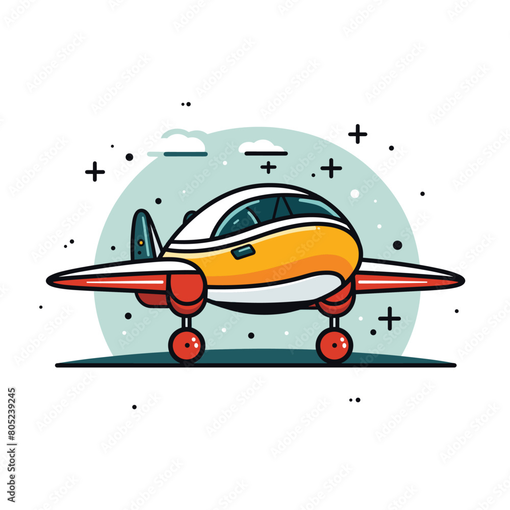 Bright colored cartoon airplane grounded under sky clouds. Small aircraft comic style illustration vibrant colors. Yellow orange plane graphic art design sky backdrop