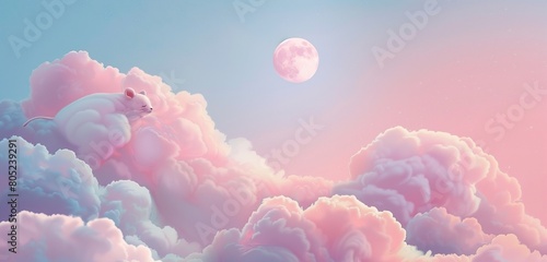 Delightful scenes of tiny animals dozing off in a dreamy pastel sky adorned with a gentle crescent moon.  photo