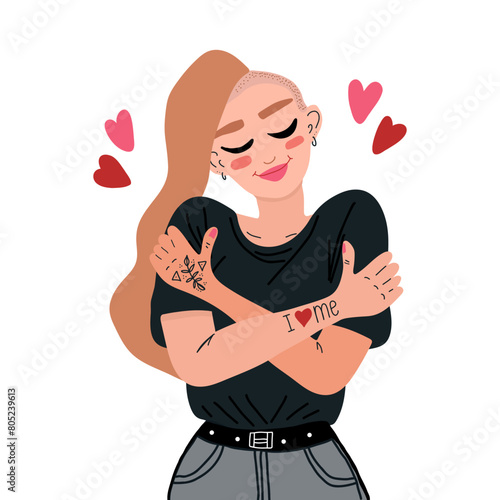 Girl, young woman with half shaved head in black t-shirt hugs herself by the shoulders. Love your body, love youself concept. Body and mental care, isolated on white. Flat style vector illustration.