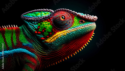 a colorful chameleon with a dark background photo