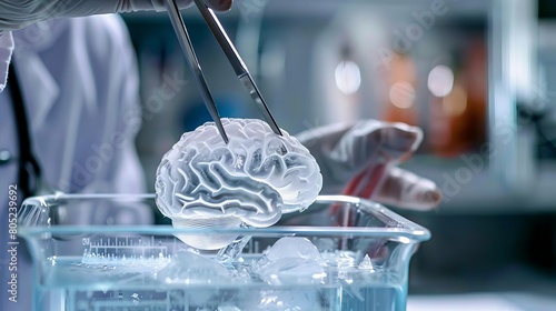 A brainshaped ice block being held in tongs by a scientist in a hightech lab photo