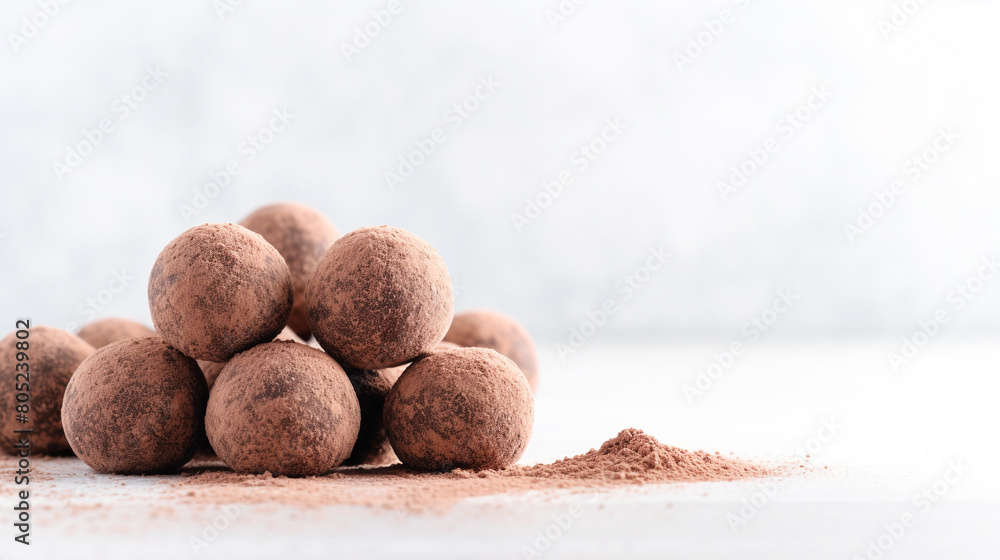 Decadent chocolate truffles arranged on a crisp white background, showcasing their smooth texture and artisanal charm in a minimalist style Decadent chocolate truffles arranged on a crisp white background, showcasing their smooth texture and artisanal charm in a minimalist style