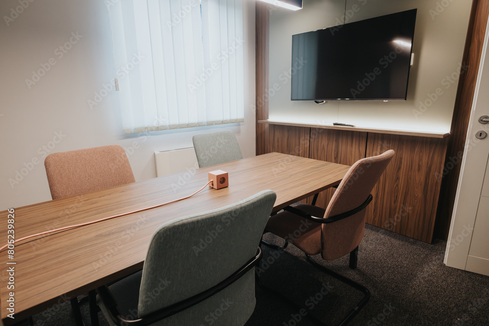 Fototapeta premium A professionally designed business meeting room equipped with a large TV, stylish chairs, a wooden table, and ambient lighting for effective presentations and meetings.