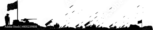 Vektor Silhouette Flugabwehr - Raketensystem - Feuerleitstand zur Abwehr von Raketen, Drohnen, Flugzeugen, Marschflugkörpern und ballistischen Raketen - Soldat im Camp