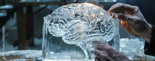 A detailed brain encased in a block of ice being carefully chipped away by an ice sculptor photo