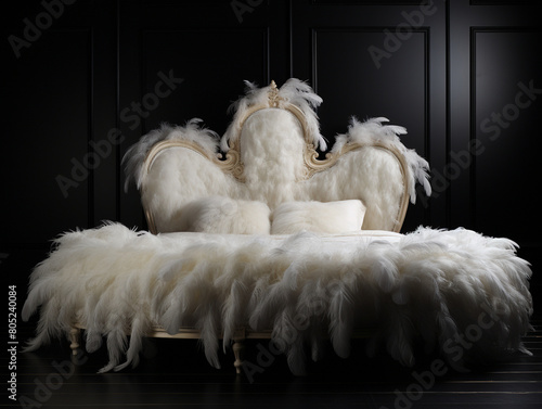 Luxurious bed crafted from delicate white feathers, set against a dramatic dark background for a striking and elegant design