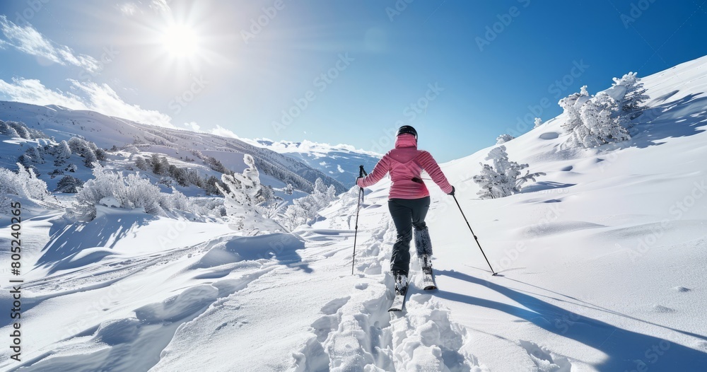 A Skier Bravely Walks Uphill Against the Vast, Snowy Backdrop