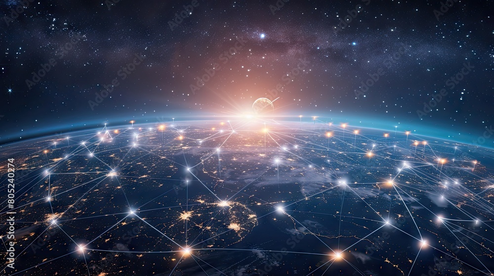 Abstract global network concept with planet Earth and connecting lines in space against a blue night sky background. Abstract global network concept with planet Earth and connecting lines in space against a blue night sky background.