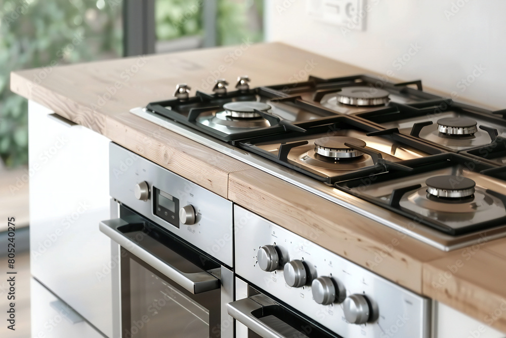 mock up gas stove in the minimal style kitchen with white and brown color mock up gas stove in the minimal style kitchen with white and brown color