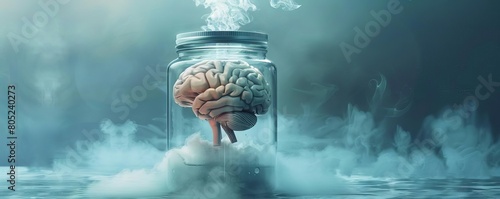 A digital art piece showing a brain in a glass jar filled with liquid nitrogen, mist flowing over the rim photo