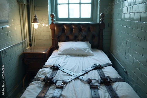 A chilling image of an empty restraint bed in a mental hospital room, suggesting themes of control and confinement