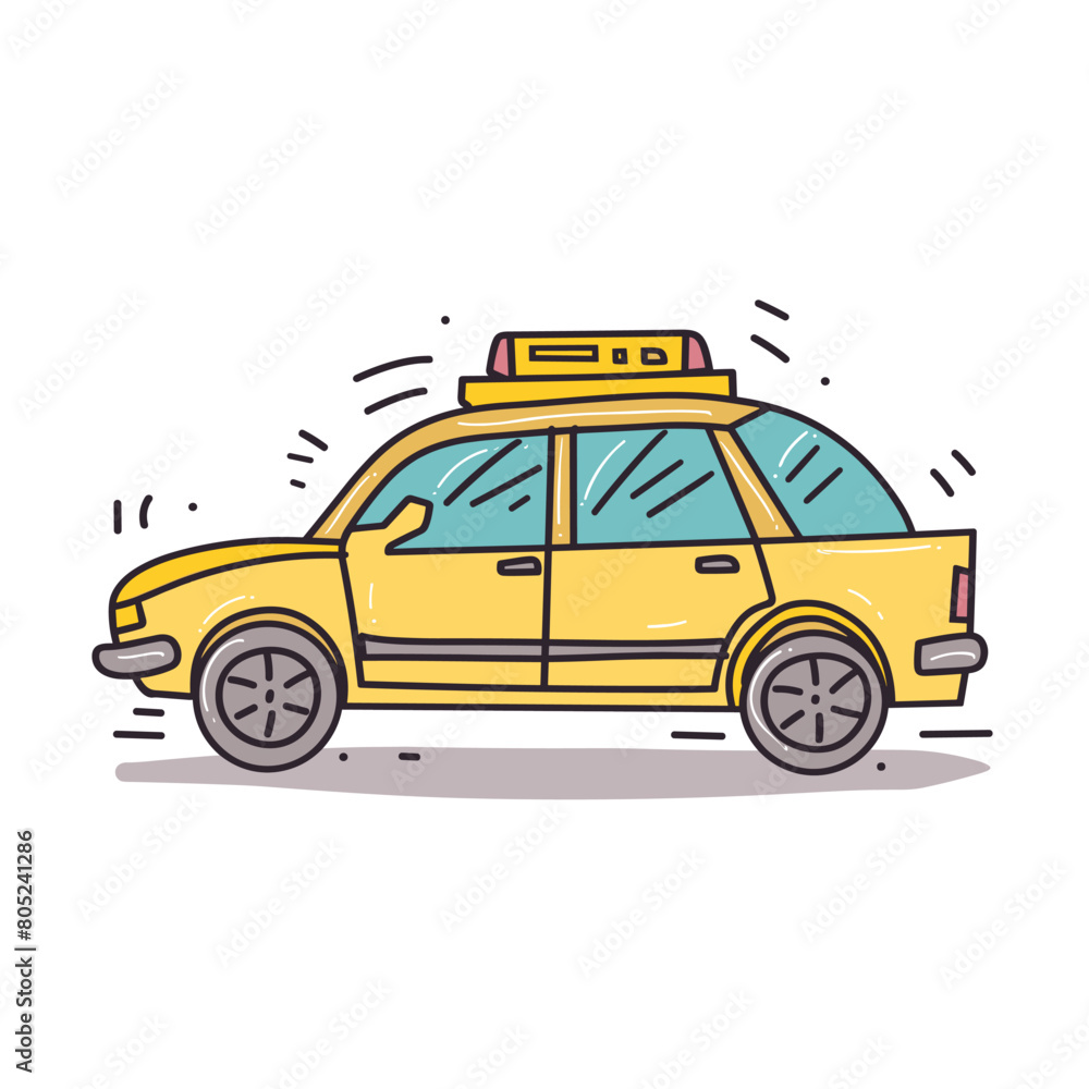 Yellow taxi cartoon vector illustration vibrating motion lines suggesting movement. Handdrawn style taxi cab, side view shining lights no passengers, isolated white. Bright yellow city vehicle