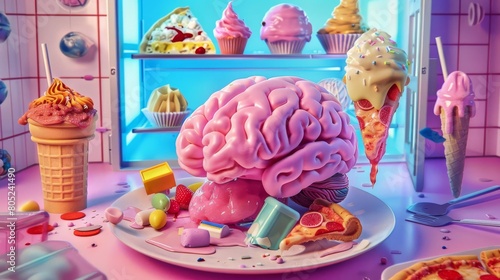 A whimsical image of a brain frozen inside a cartoonlike freezer, next to ice cream and frozen pizza photo