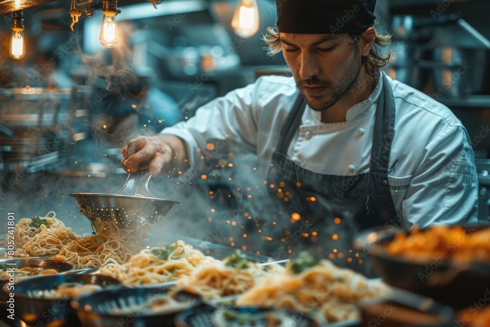 Concentrated cook with tongs is sautéing pasta among rising steam in the lively atmosphere of a restaurant kitchen Concentrated cook with tongs is sautéing pasta among rising steam in the lively atmosphere of a restaurant kitchen