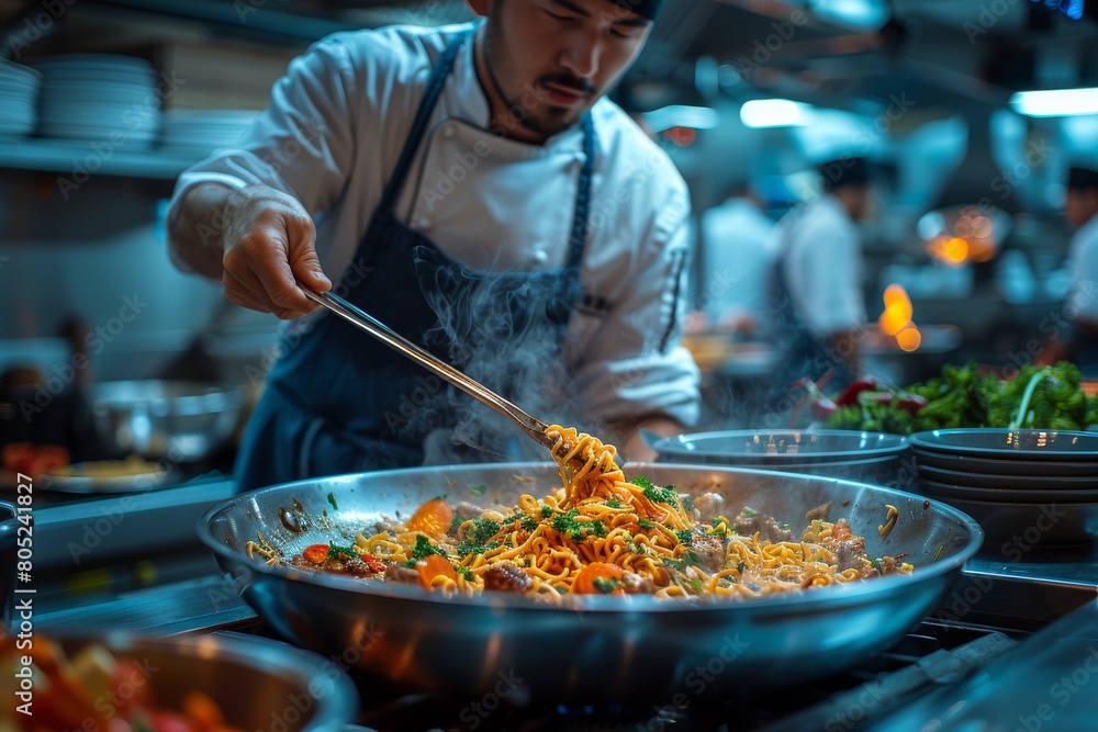 A chef deftly handles a wok, tossing noodles and vegetables, showcasing his expertise in a professional kitchen A chef deftly handles a wok, tossing noodles and vegetables, showcasing his expertise in a professional kitchen