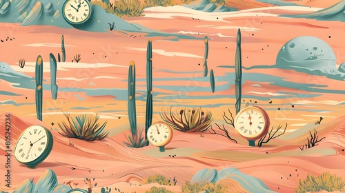 Surreal Desert Landscape with Floating Clocks and Cacti at Sunset Horizon