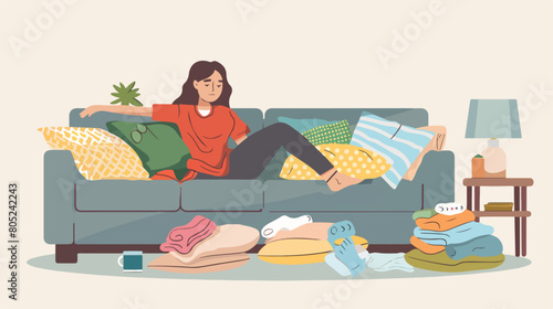 Tired young woman resting on sofa after sorting laund photo
